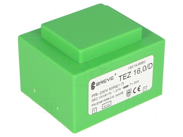 Transformator: ingegoten; 16VA; 230VAC; 15V; 1066,6mA; PCB; IP00 Transformator: ingegoten; 16VA; 230VAC; 15V; 1066,6mA; PCB; IP00